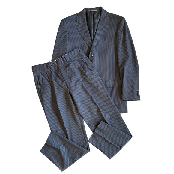 Men's Ermenegildo Zegna 100% Wool Italian Suit Navy Stripe Pleated 40R 32x30 - Picture 1 of 13